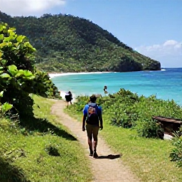 Caribbean Holidays, Grenada Walking Holidays, A hiker walking along a green coastal trail in Grenada under warm March sunshine, with turquoise sea and forested hills