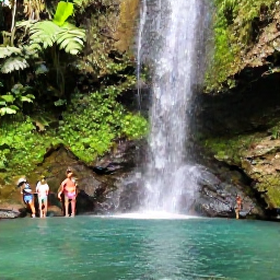 Caribbean Holidays, Grenada Walking Holidays, A June walking holiday scene in Grenada with hikers resting beside a waterfall, tropical plants and a clear freshwater pool