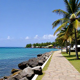 Caribbean Holidays, Grenada Walking Holidays, A peaceful coastal footpath near Grenada with turquoise water, rocky shoreline, palm trees and a small fishing village in the distance