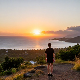 Caribbean Holidays, Grenada Walking Holidays, A relaxed walker enjoying sunset views over Grenada&rsquo;s Caribbean coastline from a hillside viewpoint