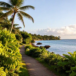 Caribbean Holidays, Grenada Walking Holidays, A scenic coastal trail on Grenada in April, with tropical greenery, clear blue sea and gentle morning sunshine