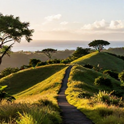 Caribbean Holidays, Grenada Walking Holidays, A scenic January walking trail through Grenada's green hills, with tropical trees, distant sea views and soft morning sunlight