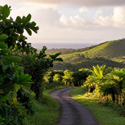 Caribbean Holidays, Grenada Walking Holidays, A scenic walking trail through Grenada&rsquo;s green hills in August, with tropical foliage, distant sea views and soft morning light