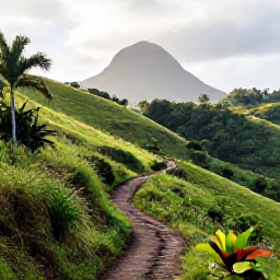 Caribbean Holidays, Grenada Walking Holidays, A scenic walking trail through Grenada's green hills in October, with tropical plants, distant mountains and soft Caribbean sunlight