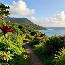 Caribbean Holidays, Grenada Walking Holidays, A welcoming September morning on a Grenadian coastal trail, with lush green hills, tropical plants and the Caribbean Sea in the distance