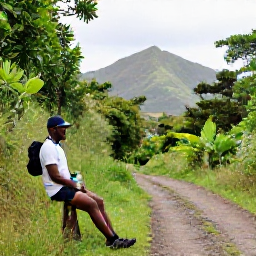 Caribbean Holidays, Grenada Walking Holidays, Comfortable walkers resting beside a Grenada trail with water bottles, tropical scenery and distant Caribbean hills