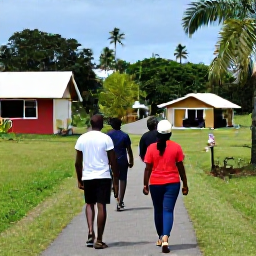 Caribbean Holidays, Grenada Walking Holidays, Friendly local guide leading a small group of walkers through a Grenadian village and tropical countryside