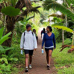 Caribbean Holidays, Grenada Walking Holidays, Friendly walkers enjoying a shaded Grenadian trail with water bottles, light waterproof jackets and tropical scenery
