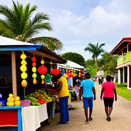 Caribbean Holidays, Grenada Walking Holidays, Friendly walking holiday visitors enjoying a Grenadian village, local market stalls, tropical fruit and colourful Christmas decorations