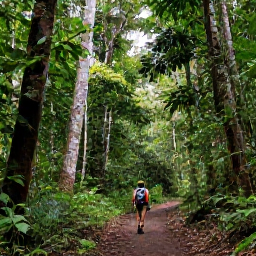 Caribbean Holidays, Grenada Walking Holidays, Hikers following a forest path in Grand Etang National Park, Grenada, surrounded by lush rainforest and tall tropical trees