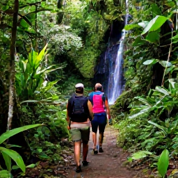 Caribbean Holidays, Grenada Walking Holidays, Hikers walking beneath lush rainforest canopy on a Grenada trail, with a small waterfall and tropical plants