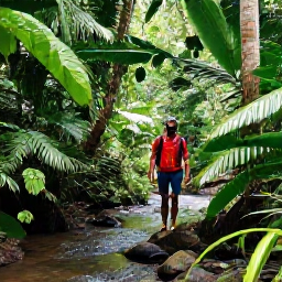 Caribbean Holidays, Grenada Walking Holidays, Hikers walking through a lush Grenadian rainforest beside a stream, with tropical plants and soft filtered sunlight