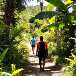 Caribbean Holidays, Grenada Walking Holidays, Hikers walking through a lush tropical trail in Grenada beneath February sunshine