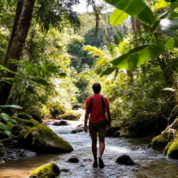 Caribbean Holidays, Grenada Walking Holidays, Hikers walking through lush Grenadian rainforest beside a small stream, with tropical foliage and filtered sunlight