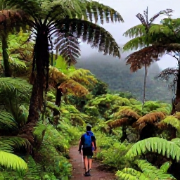 Caribbean Holidays, Grenada Walking Holidays, Hikers walking through lush rainforest on the Grand Etang trails in Grenada, with ferns, tall trees and misty mountain scenery