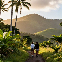 Caribbean Holidays, Grenada Walking Holidays, Hikers walking through lush tropical rainforest on Grenada, with green hills, towering palms and soft morning light