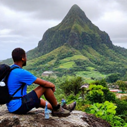 Caribbean Holidays, Grenada Walking Holidays, Prepared walkers resting at a viewpoint over Grenada after a tropical shower, with walking boots, water bottles and dramatic green scenery
