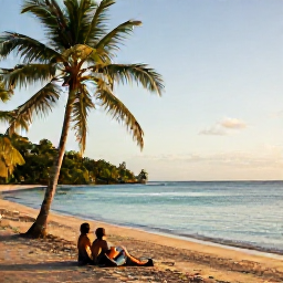 Caribbean Holidays, Grenada Walking Holidays, Relaxed walkers resting on a quiet Grenadian beach after a hike, with palm trees, calm turquoise water and warm late-afternoon light