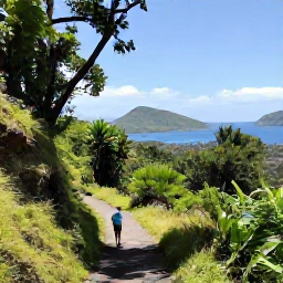 Caribbean Holidays, Grenada Walking Holidays, Scenic Grenada mountain trail overlooking rainforest, the Caribbean Sea and distant green hills under a clear December sky