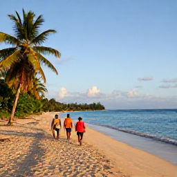 Caribbean Holidays, Grenada Walking Holidays, Visitors strolling along a quiet golden beach in Grenada with turquoise water, palm trees and gentle late afternoon sunshine