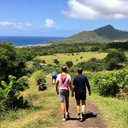 Caribbean Holidays, Grenada Walking Holidays, Walkers enjoying panoramic views over Grenada's coastline and green countryside from a hillside trail