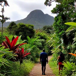 Caribbean Holidays, Grenada Walking Holidays, Walkers exploring a lush rainforest trail in Grand Etang National Park, Grenada, with tropical plants and mountain scenery