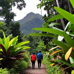 Caribbean Holidays, Grenada Walking Holidays, Walkers exploring a shaded rainforest trail in Grand Etang National Park, surrounded by tropical plants and mountain scenery