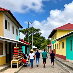Caribbean Holidays, Grenada Walking Holidays, Walkers exploring a traditional Grenadian village street with colourful houses, spice stalls and friendly local atmosphere