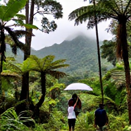 Caribbean Holidays, Grenada Walking Holidays, Walkers exploring lush rainforest on Mount Saint Catherine in Grenada, with tall trees, ferns and misty mountain scenery
