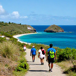 Caribbean Holidays, Grenada Walking Holidays, Walkers following a coastal path near St George's, Grenada, overlooking bright blue Caribbean water and small coves