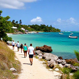Caribbean Holidays, Grenada Walking Holidays, Walkers following a coastal path near St George's, Grenada, overlooking turquoise water, rocky coves and fishing boats
