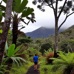 Caribbean Holidays, Grenada Walking Holidays, Walkers following a forest path in Grand Etang National Park, surrounded by tropical trees, ferns and misty volcanic hills