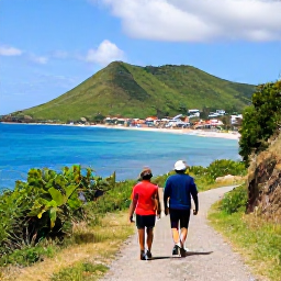 Caribbean Holidays, Grenada Walking Holidays, Walkers following a Grenada coastal path above turquoise water, with a fishing village and green headland in the distance