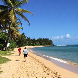 Caribbean Holidays, Grenada Walking Holidays, Walkers following a peaceful coastal path near Grand Anse Beach in Grenada, with palm trees, bright blue water and golden sand