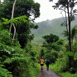 Caribbean Holidays, Grenada Walking Holidays, Walkers following a rainforest path in Grand Etang National Park, surrounded by dense tropical vegetation and misty green hills
