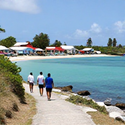 Caribbean Holidays, Grenada Walking Holidays, Walkers on a coastal path near St George's, Grenada, overlooking turquoise water, colourful homes and a peaceful Caribbean bay
