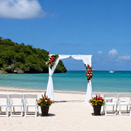 Caribbean Holidays, Grenada Weddings, A beautiful Grenada beach wedding ceremony with simple white chairs, tropical flowers and a view of the Caribbean Sea