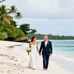 Caribbean Holidays, Grenada Weddings, A bride and groom walking barefoot along a quiet Grenada beach after their wedding, with tropical greenery and gentle waves