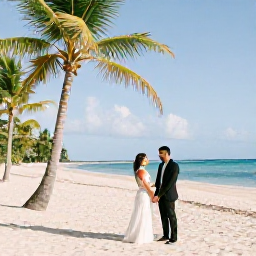 Caribbean Holidays, Grenada Weddings, A happy wedding couple standing on a quiet Grenada beach in warm March sunshine, with palm trees and turquoise sea