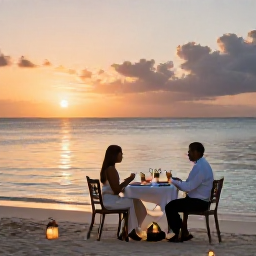 Caribbean Holidays, Grenada Weddings, A newly married couple enjoying a sunset dinner on a Grenada beach, with lanterns, tropical drinks and calm sea
