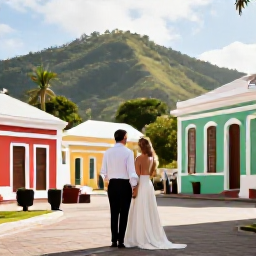 Caribbean Holidays, Grenada Weddings, A newly married couple exploring St George's, Grenada, with colourful buildings, hillside views and a sunny Caribbean atmosphere