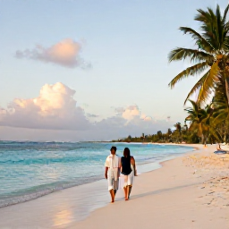 Caribbean Holidays, Grenada Weddings, A newly married couple walking along a quiet white-sand beach in Grenada at sunset, with calm turquoise water and palm trees