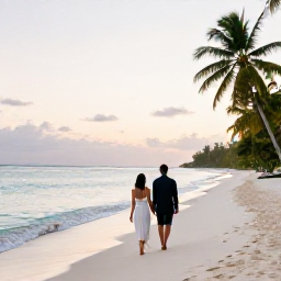 Caribbean Holidays, Grenada Weddings, A newly married couple walking barefoot along a quiet white-sand beach in Grenada at sunset, with calm turquoise water and palm trees