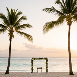 Caribbean Holidays, Grenada Weddings, A relaxed beach wedding in Grenada at sunset, with palm trees, calm turquoise water and a small elegant ceremony setup