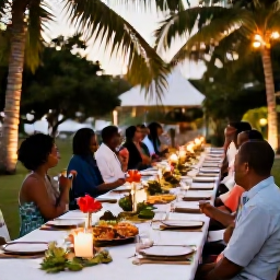 Caribbean Holidays, Grenada Weddings, A relaxed Grenada wedding reception under palm trees, with a long decorated table, local food, candles and guests enjoying the evening