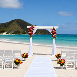 Caribbean Holidays, Grenada Weddings, An elegant wedding ceremony set on a Grenada beach in April, with white chairs, tropical flowers, turquoise sea and distant green hills