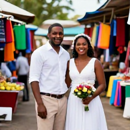Caribbean Holidays, Grenada Weddings August, A happy couple exploring Grenada after their wedding, visiting a colourful market and enjoying the island atmosphere