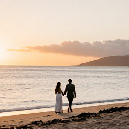 Caribbean Holidays, Grenada Weddings August, A newlywed couple walking along a quiet Grenada beach at sunset, with calm Caribbean water and soft golden light
