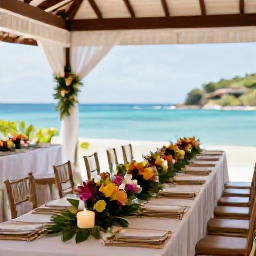 Caribbean Holidays, Grenada Weddings August, A tropical wedding reception in Grenada with a long table, local flowers, candles and views of the sea