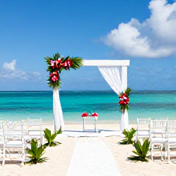 Caribbean Holidays, Grenada Weddings August, An elegant beach wedding set-up in Grenada with white chairs, simple tropical flowers and turquoise sea